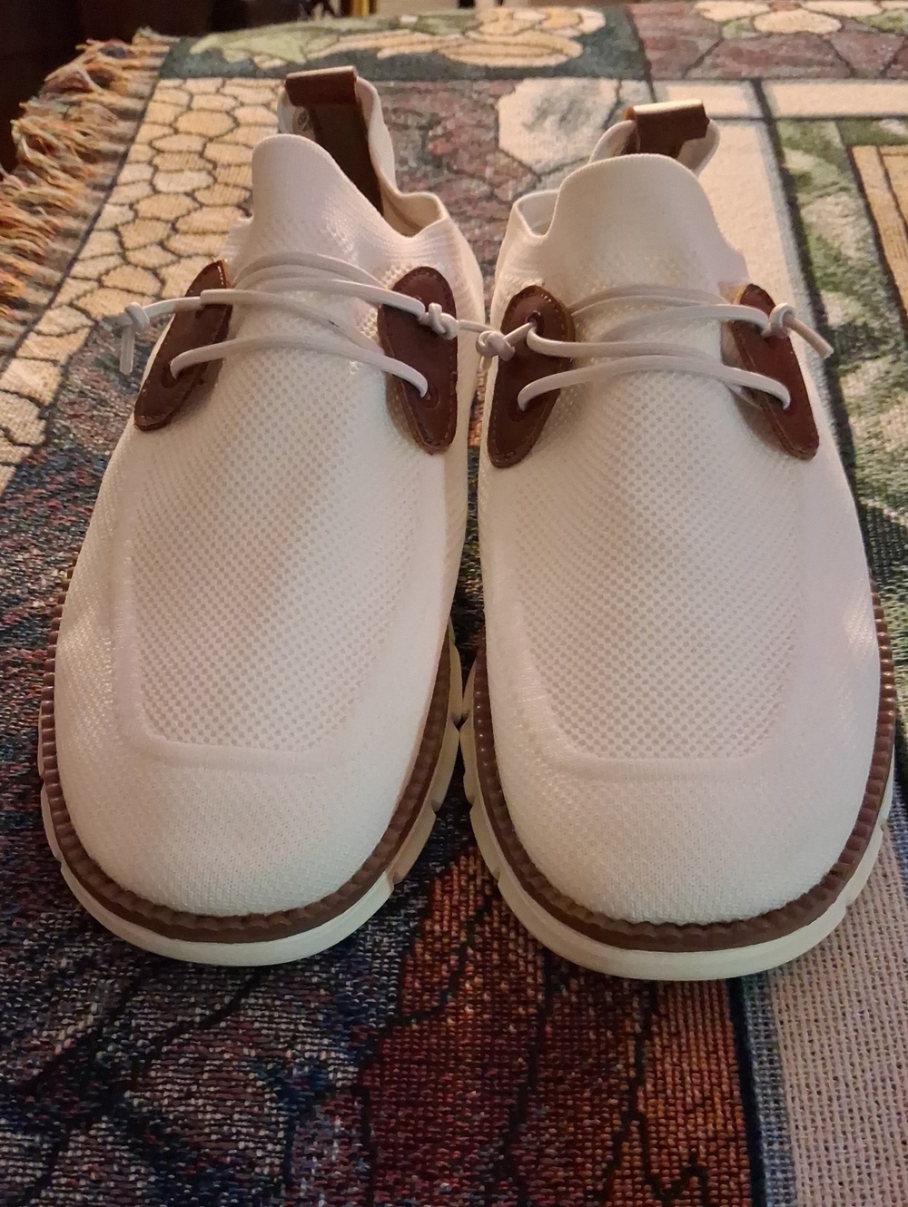 Men's White Boat Shoes with Brown Trim - Casual Knit Deck Shoes